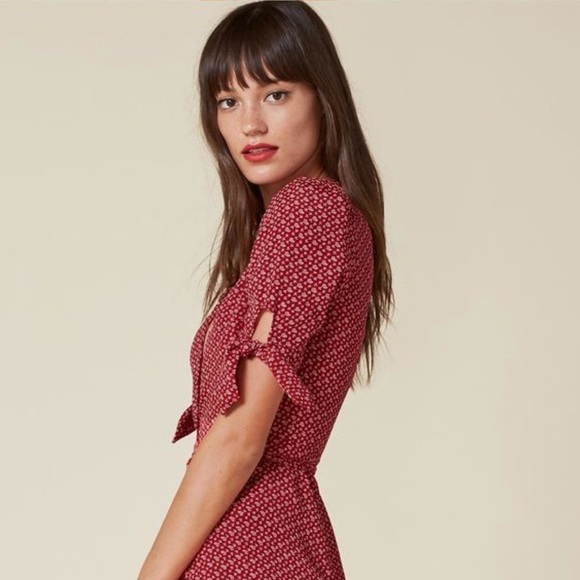 Reformation Royce Wrap Dress Red Midi Ditsy Floral Tie Sleeves size M - Picture 2 of 10